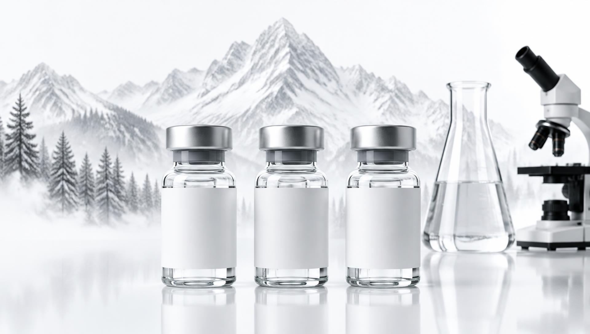 Research peptide vials with laboratory glassware and a mountain landscape
